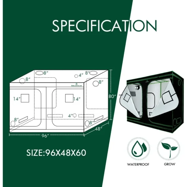 Reflective Polyester Film Hydroponic Planting Tent with Observation Window, Waterproof Floor Tray, 96x48x80 Inch