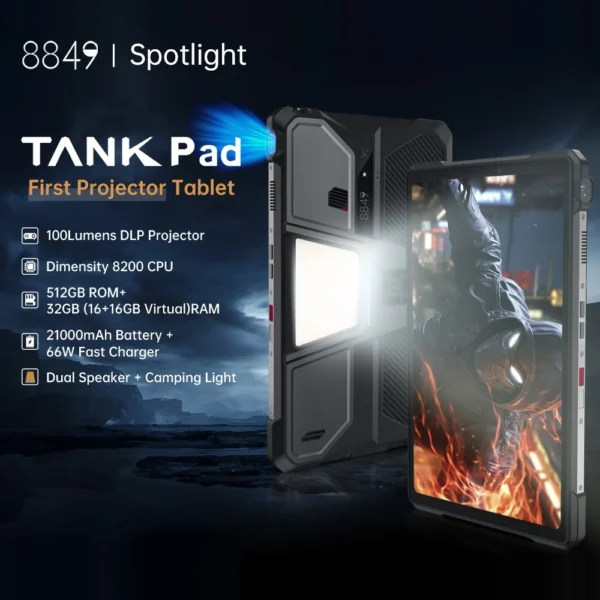 Unihertz 8849 Tank Pad Rugged Tablet PC Projector Tablet 10.95 inch 120Hz 16GB 512GB 21000mAh Battery 66W 32MP+50MP Camera