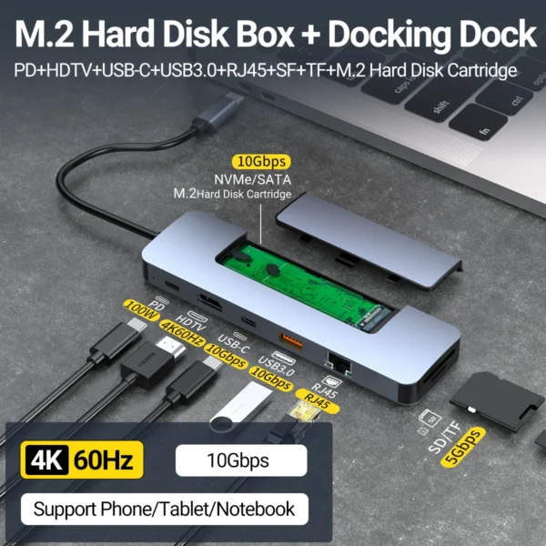 534206527 4K60Hz 8-in-1 USB C Hub with M.2 NVMe/SATA SSD Enclosure