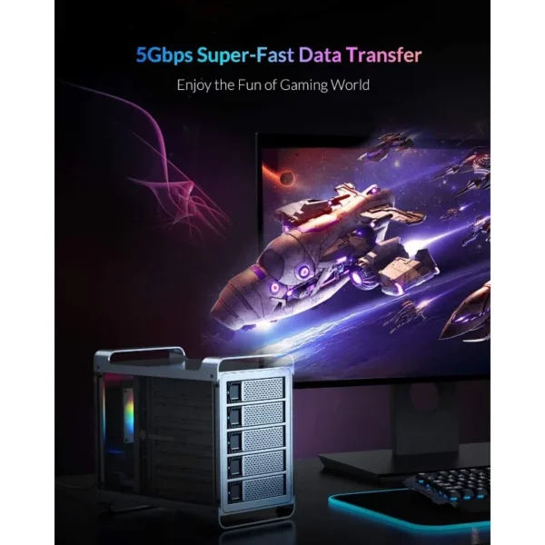 5 Bay RAID Hard Drive Enclosure, Aluminum 2.5"& 3.5" SATA HDD/SSD External Enclosure with RGB Fan, Support 90TB