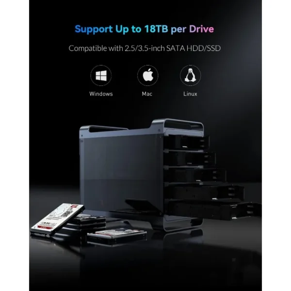 5 Bay RAID Hard Drive Enclosure, Aluminum 2.5"& 3.5" SATA HDD/SSD External Enclosure with RGB Fan, Support 90TB