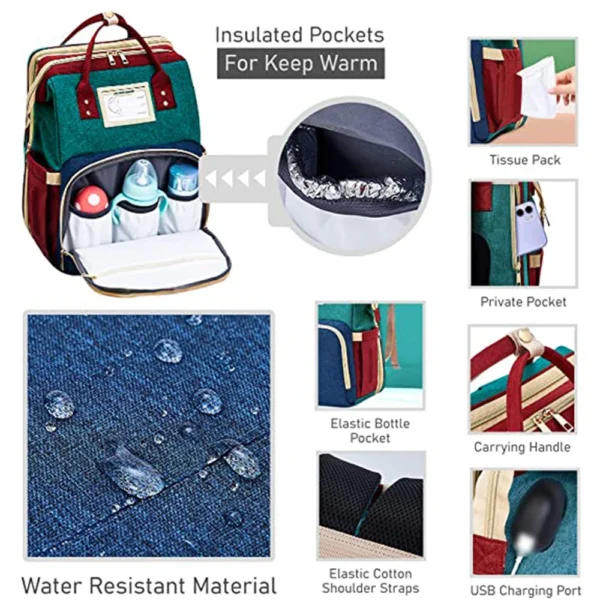 3 in 1 Nappy Diaper Bag with Extendable Folding Crib, Large Capacity Travel Baby Bed Bags for Mom Outing/Shopping, Portable Bag