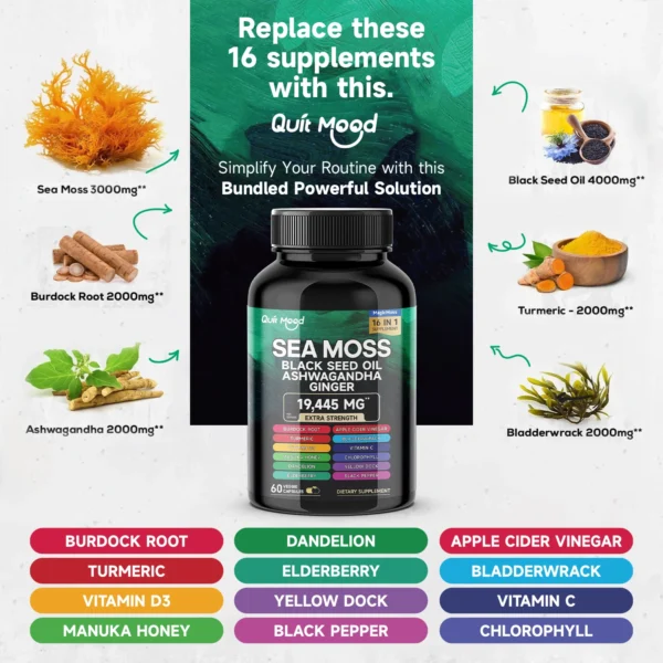 541849650 Sea Moss 3000mg Black Seed Oil 2000mg Ashwagandha 1000mg Turmeric 1000mg Bladderwrack 1000mg Burdock 1000mg & Vitamin C & D3 wit