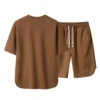 2 Pcs/Set Men T-shirt Shorts Set Round Neck Short Sleeves Drawstring Elastic Waist Ice Silk Men Sport Top Shorts Set Sportswear