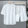 2 Pcs/Set Men T-shirt Shorts Set Round Neck Short Sleeves Drawstring Elastic Waist Ice Silk Men Sport Top Shorts Set Sportswear