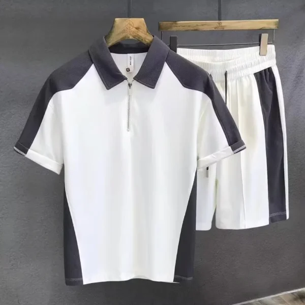 Men's Clothing American Style Summer Trendy Color Block Collared Polo Shirt Short Sleeve Sport Shorts Versatile Casual Two-Piece