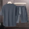 2 Pcs/Set Men T-shirt Shorts Set Round Neck Short Sleeves Drawstring Elastic Waist Ice Silk Men Sport Top Shorts Set Sportswear