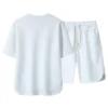 2 Pcs/Set Men T-shirt Shorts Set Round Neck Short Sleeves Drawstring Elastic Waist Ice Silk Men Sport Top Shorts Set Sportswear