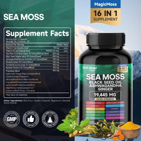 541849652 Sea Moss 3000mg Black Seed Oil 2000mg Ashwagandha 1000mg Turmeric 1000mg Bladderwrack 1000mg Burdock 1000mg & Vitamin C & D3 wit