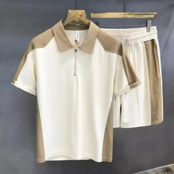 Men's Clothing American Style Summer Trendy Color Block Collared Polo Shirt Short Sleeve Sport Shorts Versatile Casual Two-Piece