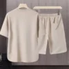 2 Pcs/Set Men T-shirt Shorts Set Round Neck Short Sleeves Drawstring Elastic Waist Ice Silk Men Sport Top Shorts Set Sportswear