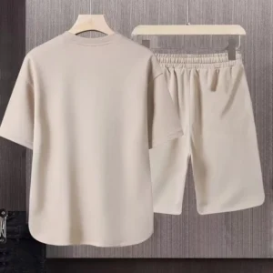 2 Pcs/Set Men T-shirt Shorts Set Round Neck Short Sleeves Drawstring Elastic Waist Ice Silk Men Sport Top Shorts Set Sportswear