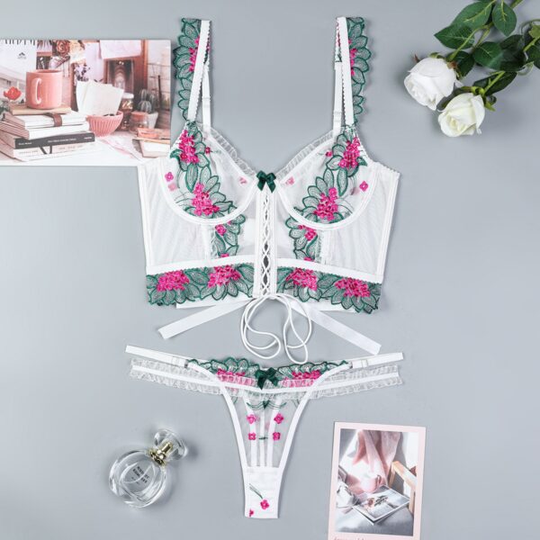 Women's Embroidered Floral Splicing Strap Crossed Complex Lingerie 2-Piece Set