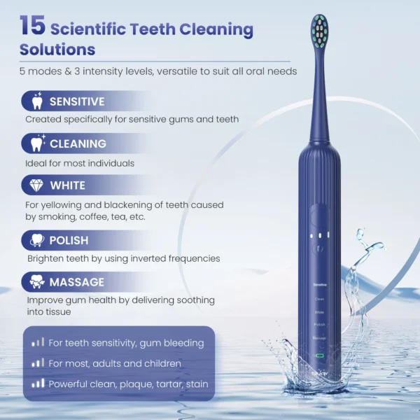 Sejoy Sonic Toothbrush Rechargeable  Ultra Whitening Electric Toothbrush 8 Brush Heads Wireless Charging 5 Modes Smart Timer